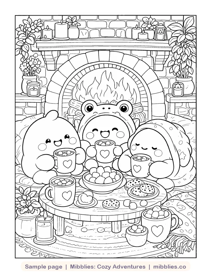 Coloring page from Cozy Adventures: Mochi, Bubs and Puddle sipping cocoa by a crackling fireplace
