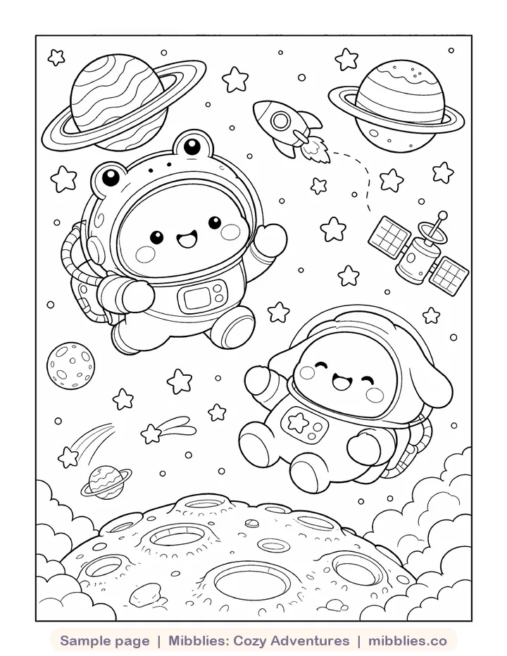Coloring page from Cozy Adventures: Bubs and Puddle floating in space suits among planets and stars