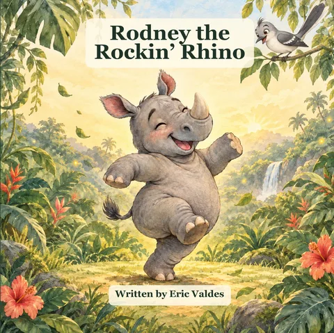 Cover of Rodney the Rockin’ Rhino, written by Eric Valdes: a smiling gray rhino dancing in a sunny jungle clearing while a mockingbird watches from a branch