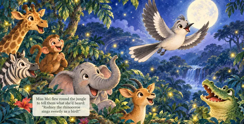 Spread from Rodney the Rockin’ Rhino: under a full moon, Miss Mel the mockingbird swoops past a giraffe, an elephant, a monkey and a crocodile to tell the jungle what she heard