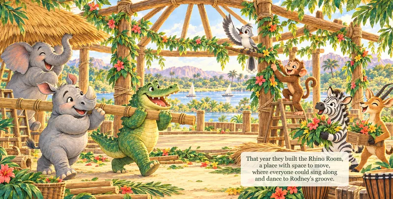 Rodney and his friends dancing together in the open-air Rhino Room by the water, lanterns strung overhead