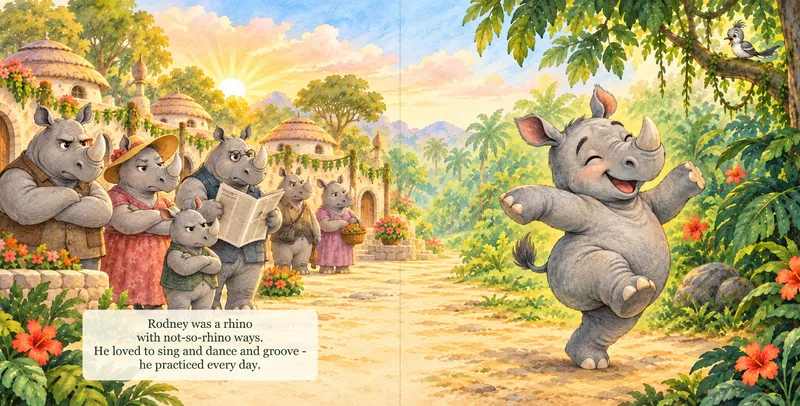 Rodney dancing happily down the main street of Rhino Town while other rhinos look on