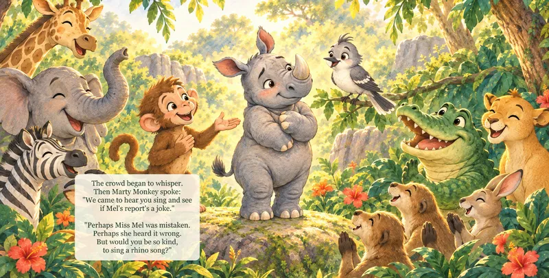 Rodney standing nervously before a crowd of jungle animals: an elephant, a monkey, a zebra, a lion and a crocodile